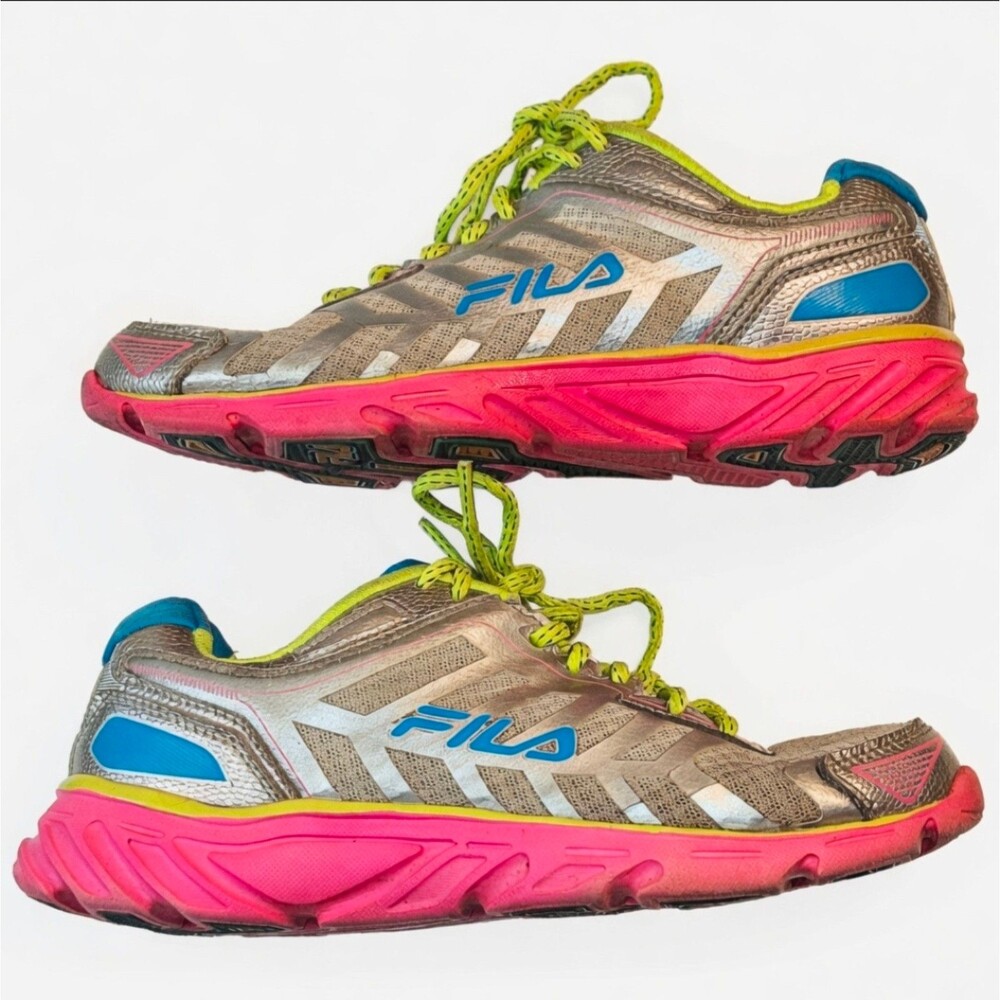 FILA Aerosprinter 2 Women's Running Shoes Sz 6 Silver Pink Neon Yellow Auth VGUC